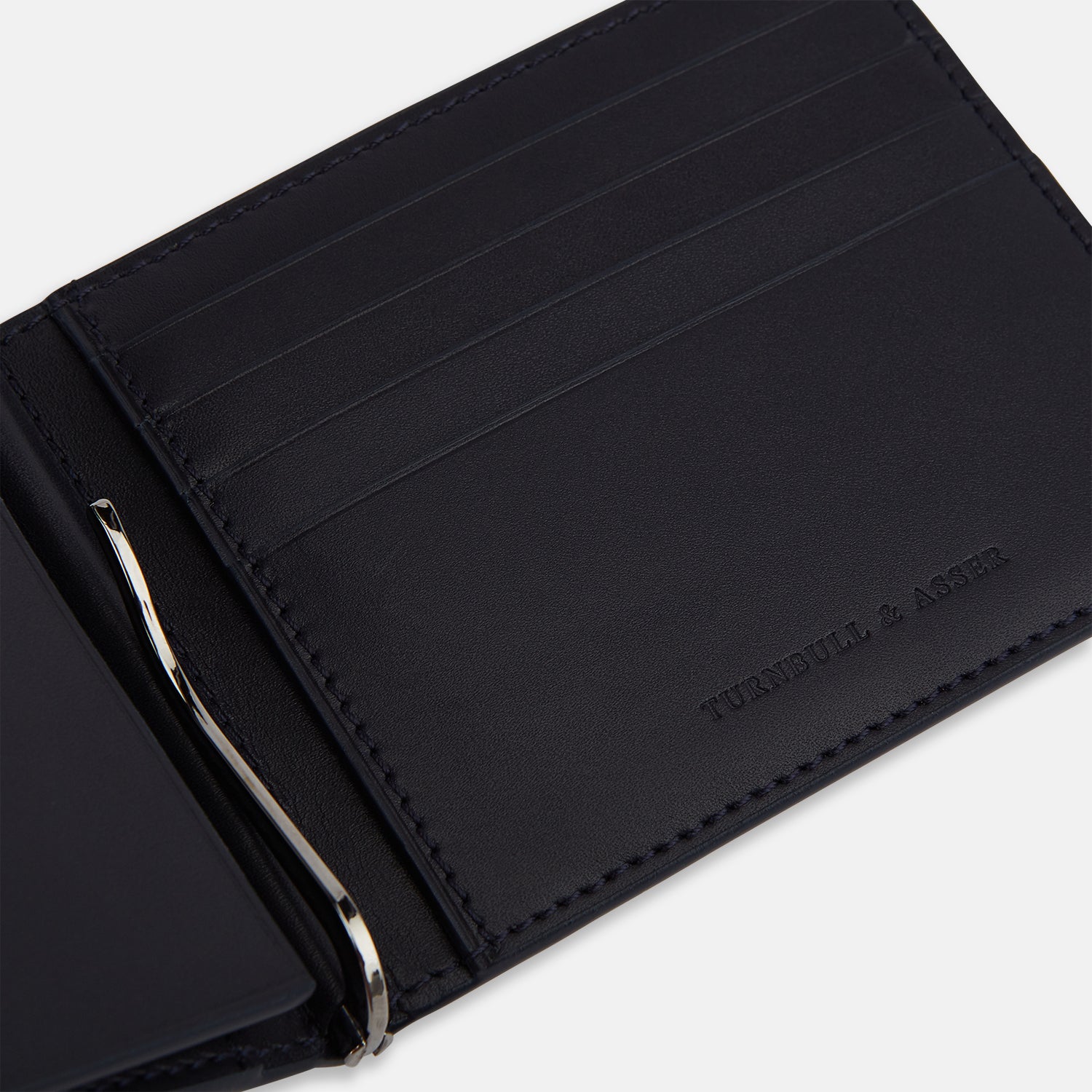 View 4 of product Navy Leather Trifold Card Holder with Metal Money Clip OS