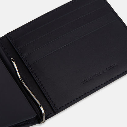Navy Leather Trifold Card Holder with Metal Money Clip Image 3