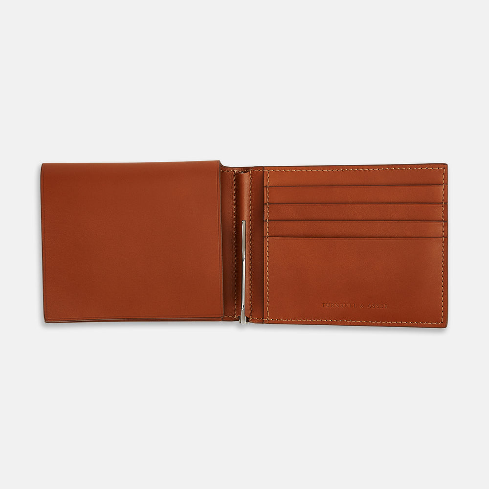 Cognac Leather Trifold Card Holder with Metal Money Clip OS