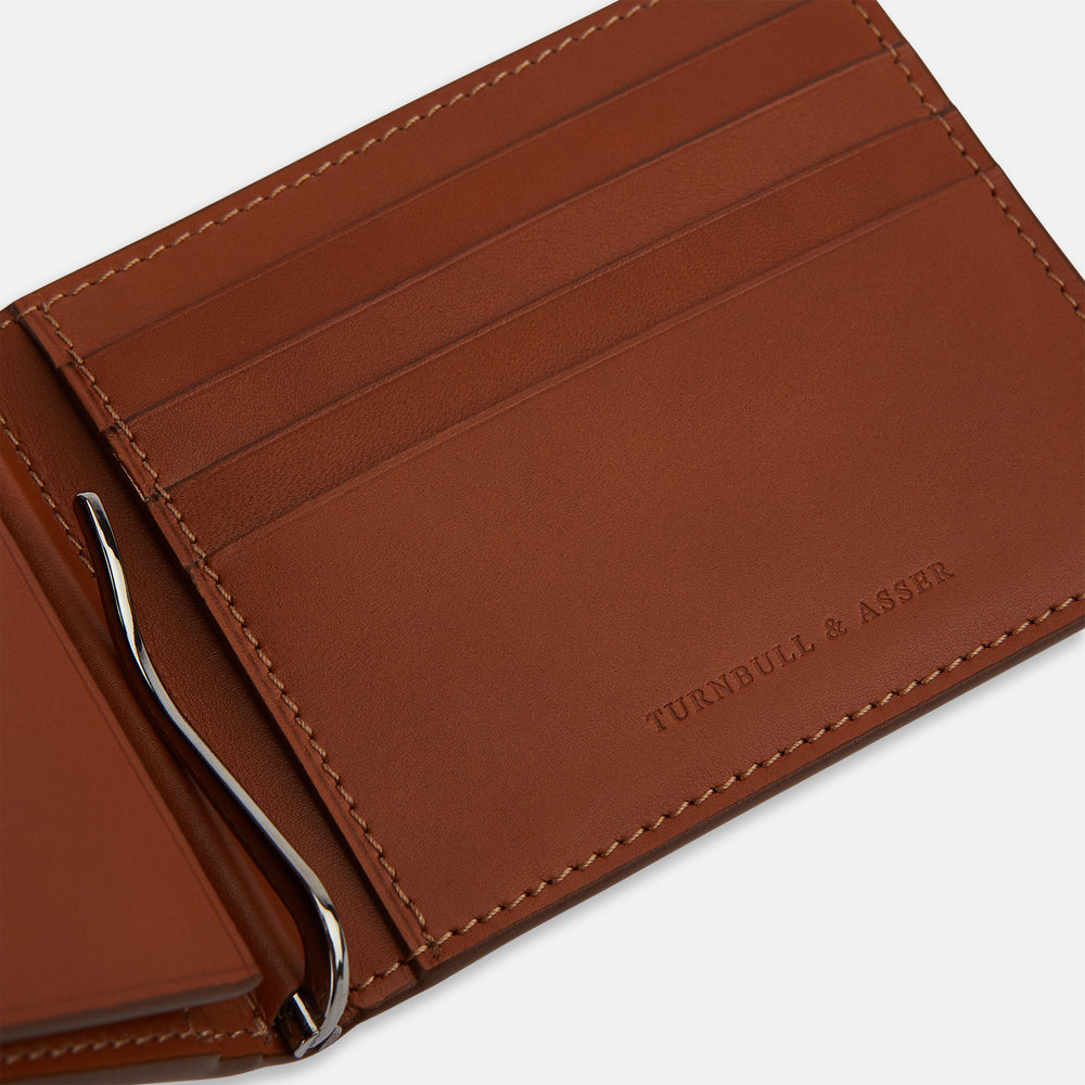 Cognac Leather Trifold Card Holder with Metal Money Clip OS