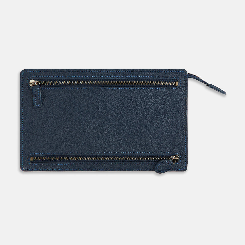 Navy Full-Grain Leather Zip Envelope Pouch OS