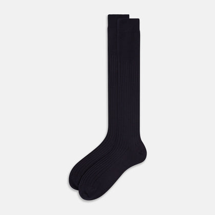 Navy Ribbed Cashmere Silk Long Socks