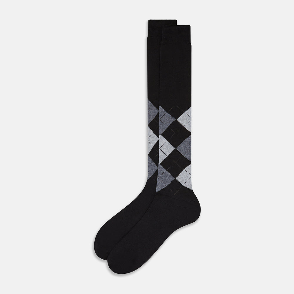 Black and Grey Check Wool Long Socks 13