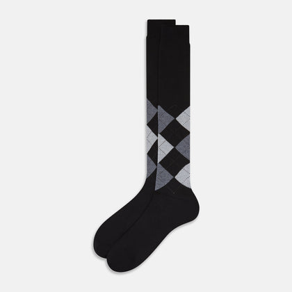 Black and Grey Check Wool Long Socks