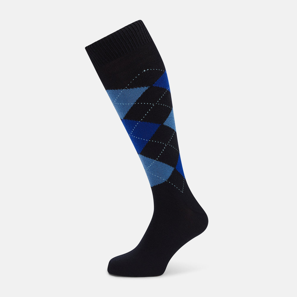 Navy & Royal Blue Check Wool Long Socks 10.5