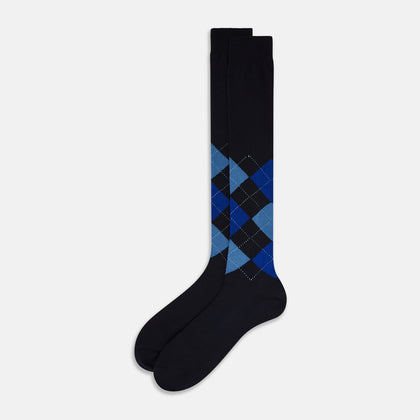 Navy & Royal Blue Check Wool Long Socks Image 1