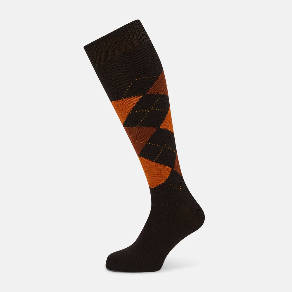 Brown & Orange Check Wool Long Socks 13