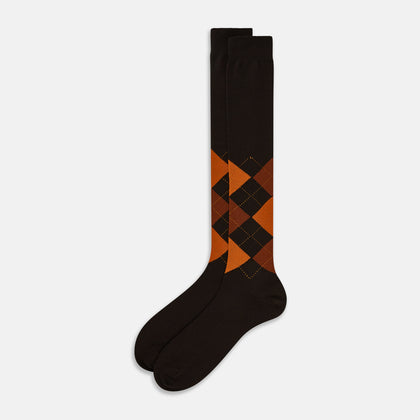 Brown & Orange Check Wool Long Socks