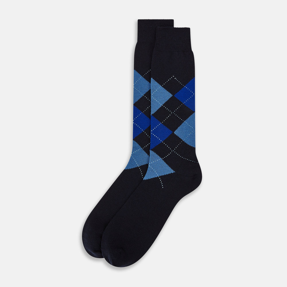 Navy & Royal Blue Check Wool Mid-Length Socks 13