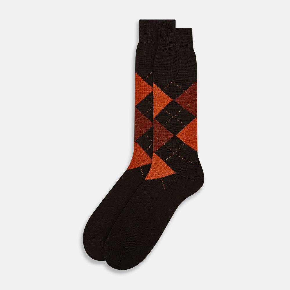 Brown & Orange Check Wool Mid-length Socks 13