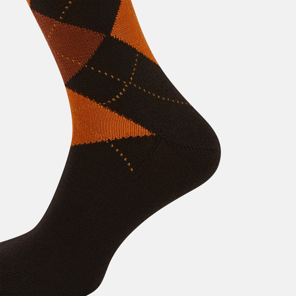 Brown & Orange Check Wool Mid-length Socks 13