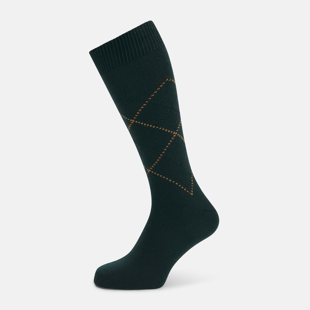 Forest Green & Tan Diamond Wool Mid-length Socks 10.5