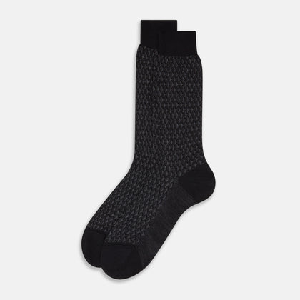Charcoal Melange Motif Intarsia Wool Mid-length Socks