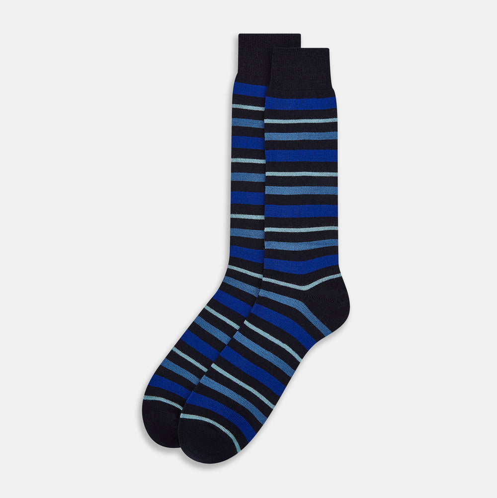 Deep Blue Striped Wool Mid-length Socks 13