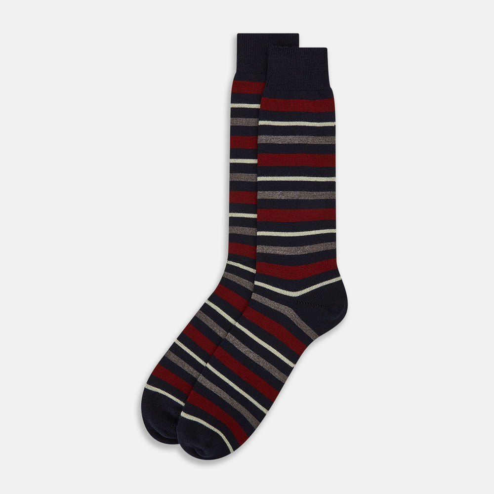Burgundy & Navy Striped Wool Mid-length Socks 13