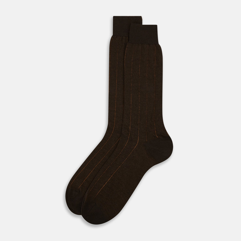 Dark Chocolate and Rust Yarn Wide Striped Wool Mid-length Socks 13