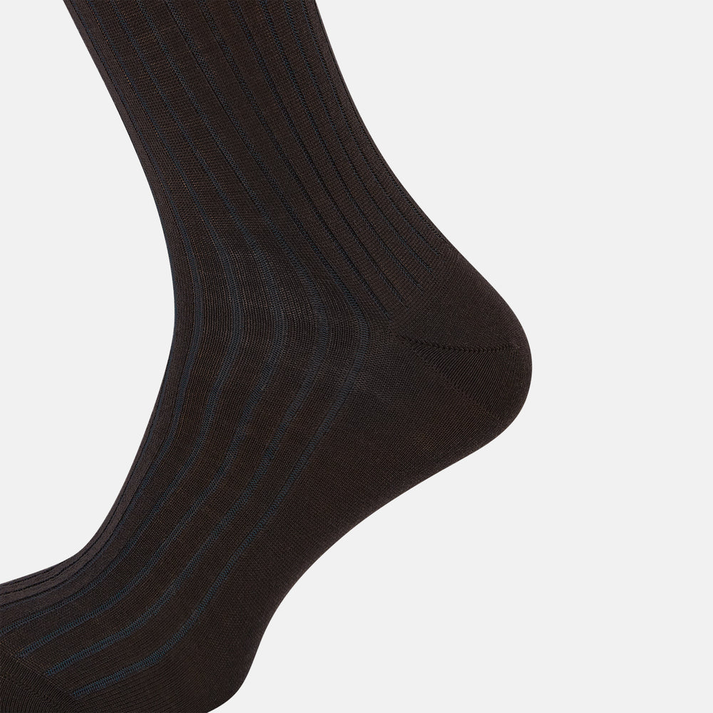 Dark Chocolate and Blue Yarn Striped Wool Mid-length Socks 13