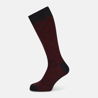 Burgundy & Navy Motif Wool Mid-length Socks