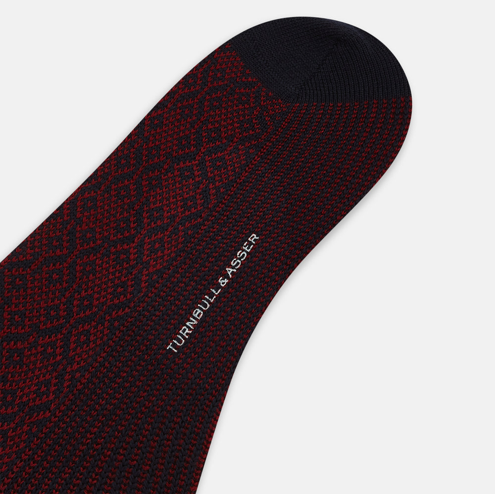 Burgundy & Navy Motif Wool Mid-length Socks 11.5