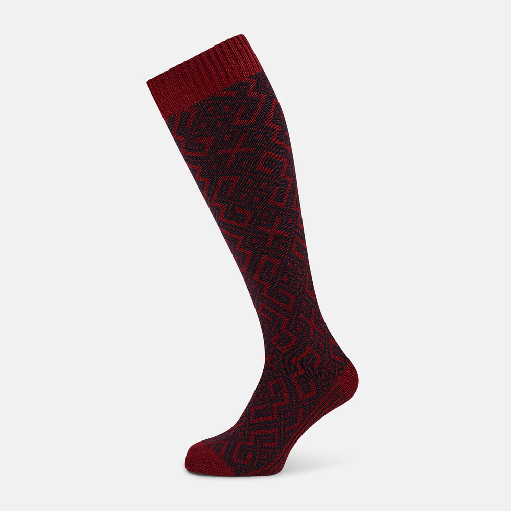 Burgundy and Navy Motif Wool Long Socks 13