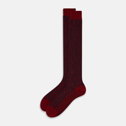 Burgundy and Navy Motif Wool Long Socks
