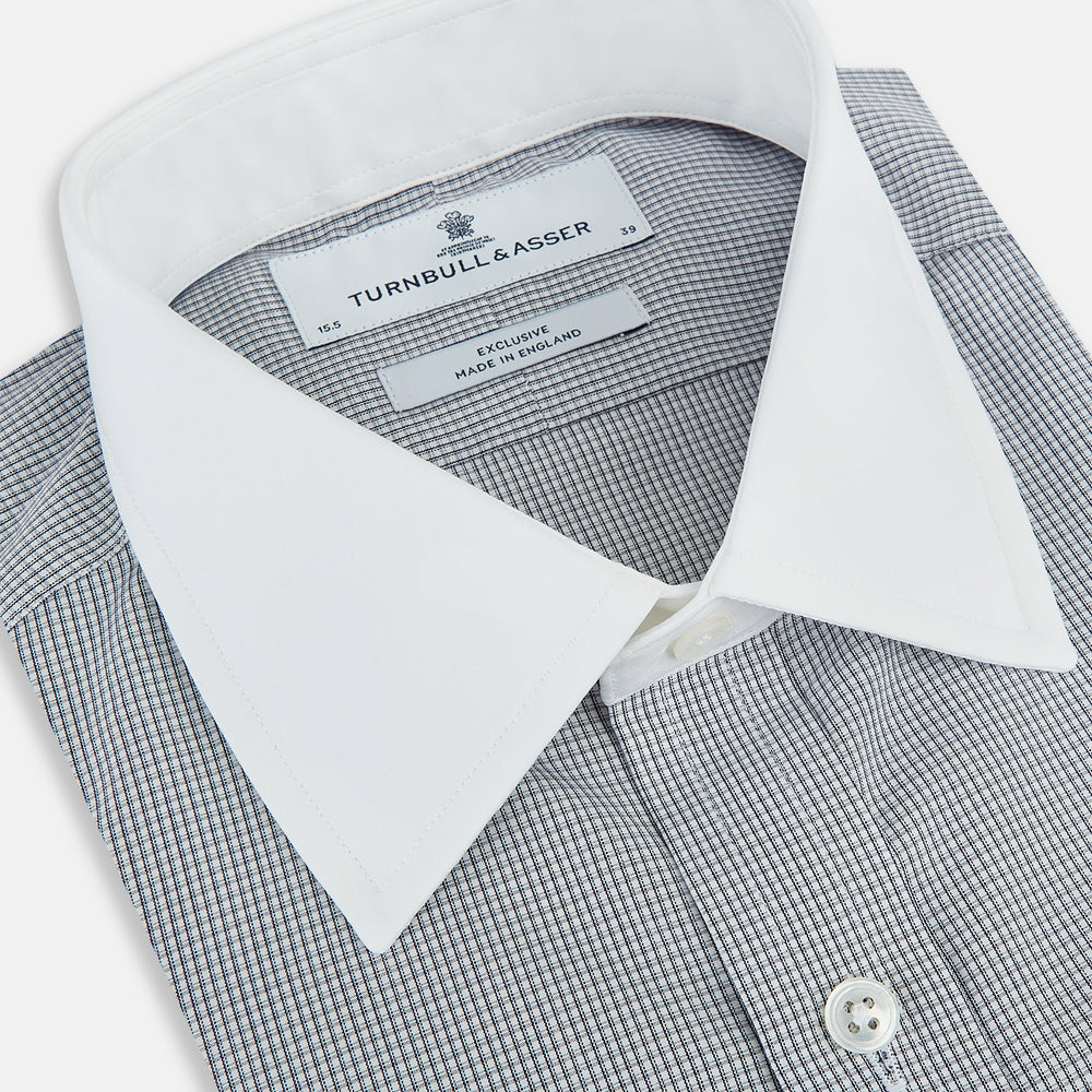 Navy Micro-Tattersall Check Shirt with Constrast T&A Collar and Cuffs 15.5