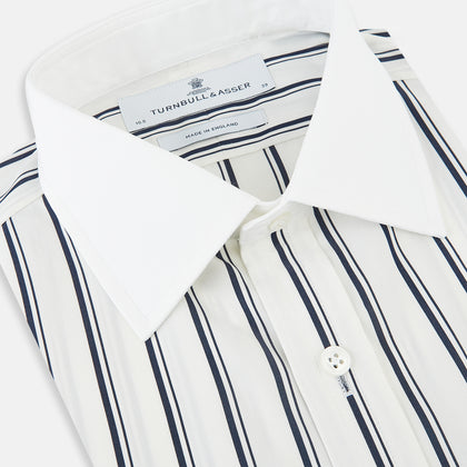 Navy and White Track Stripe Shirt with Contrast Collar & Cuffs Image 1