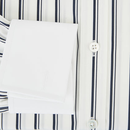 Navy and White Track Stripe Shirt with Contrast Collar & Cuffs Image 3