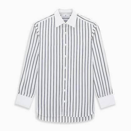 Navy and White Track Stripe Shirt with Contrast Collar & Cuffs Image 5