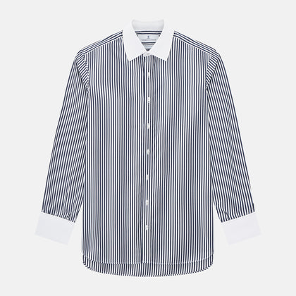 Navy and White Double Stripe Shirt with Contrast Collar & Cuffs