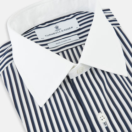 Navy and White Double Stripe Shirt with Contrast Collar & Cuffs Image 1