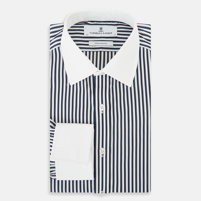 Double Stripe Navy Classic Contrast Collar Regular Fit Shirt in Cotton Image 4