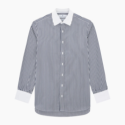 Navy and White Double Stripe Shirt with Contrast Collar & Cuffs Image 6
