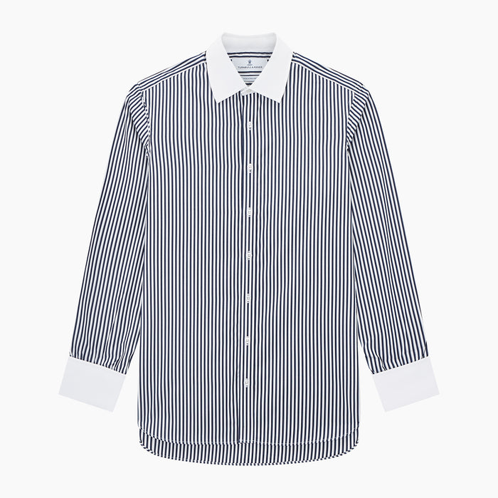 Double Stripe Navy Classic Contrast Collar Regular Fit Shirt in Cotton Image 6