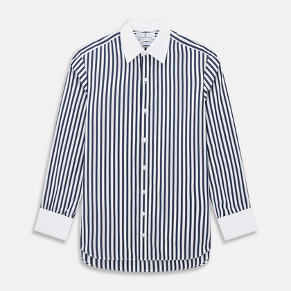 Navy and White Regency Stripe Shirt with Contrast Collar & Cuffs