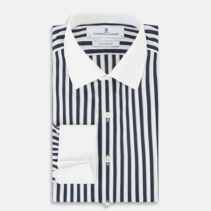 Navy and White Regency Stripe Shirt with Contrast Collar & Cuffs Image 4