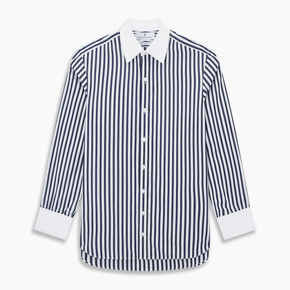 Navy and White Regency Stripe Shirt with Contrast Collar & Cuffs Image 6