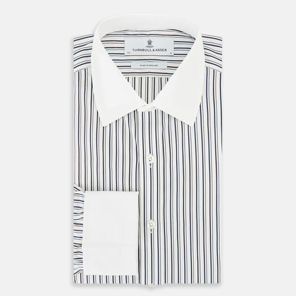 Navy and White Fancy Stripe Shirt with Contrast Collar & Cuffs Image 4