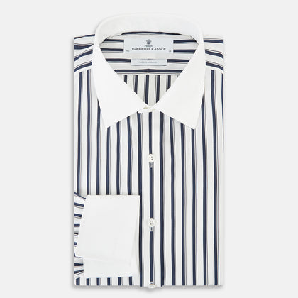 Navy and White Shadow Stripe Shirt with Contrast Collar & Cuffs Image 4