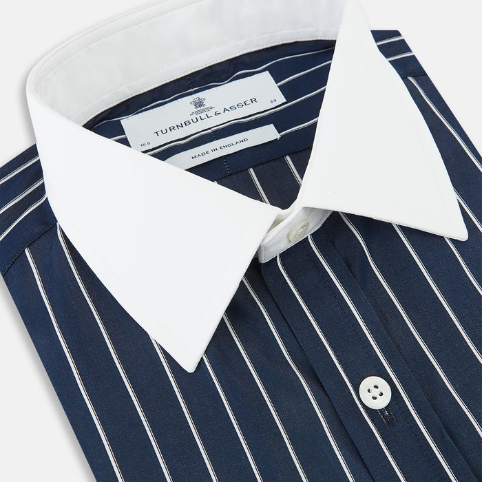 Bar Stripe Navy Classic Contrast Collar Regular Fit Shirt in Cotton Image 1