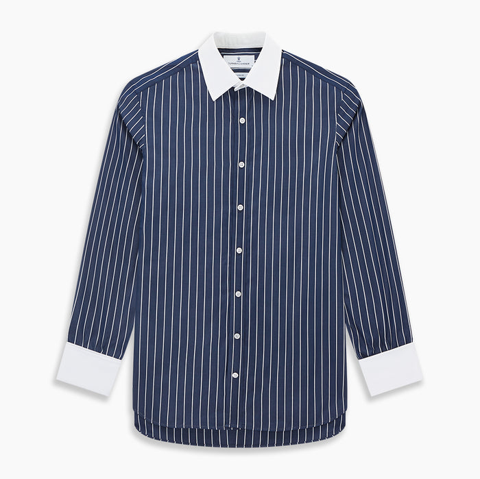 Bar Stripe Navy Classic Contrast Collar Regular Fit Shirt in Cotton Image 6