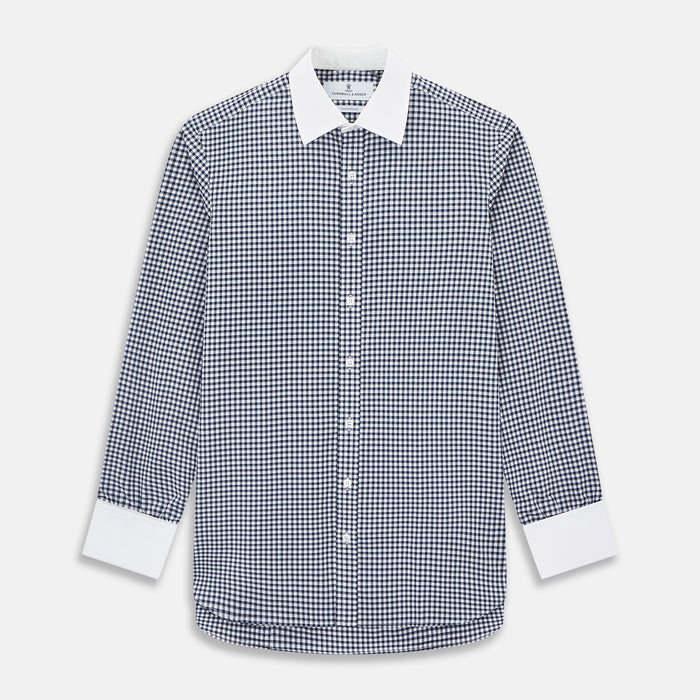 Gingham Check Navy Classic Contrast Collar Regular Fit Shirt in Cotton