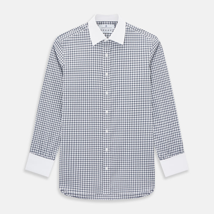 Double-Track Check Navy Classic Contrast Collar Regular Fit Shirt in Cotton