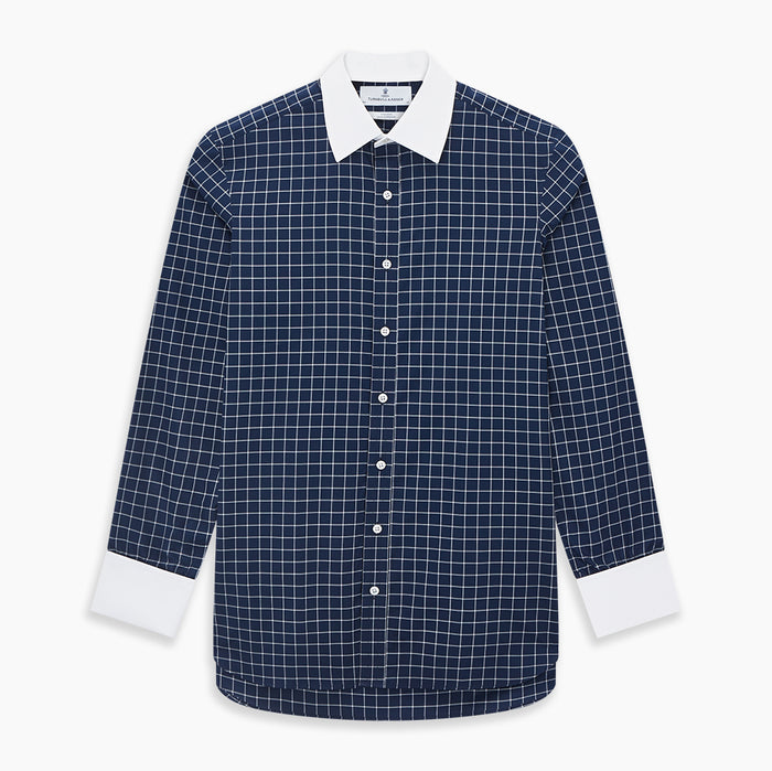 Reverse Graph Check Navy Classic Contrast Collar Regular Fit Shirt in Cotton Image 6