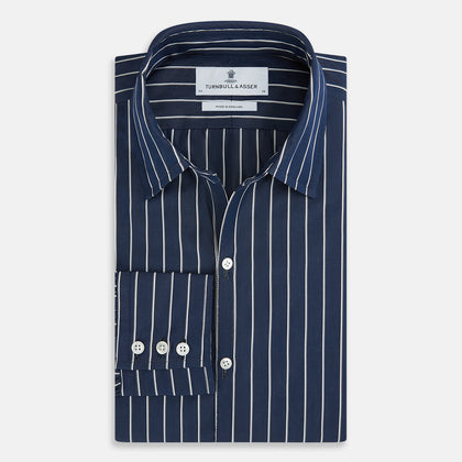 Windsor Double Striped White on Navy Regular Fit Shirt in Cotton Image 3