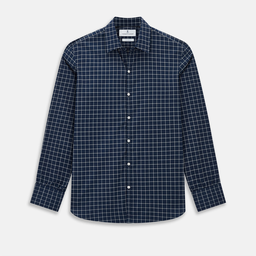 White check on navy Windsor Shirt with Open Collar and Button Cuffs