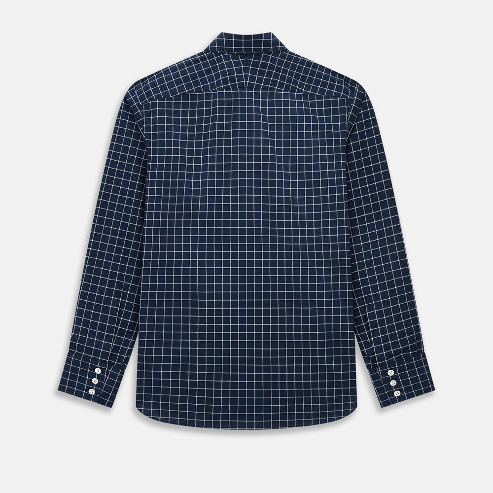 White check on navy Windsor Shirt with Open Collar and Button Cuffs