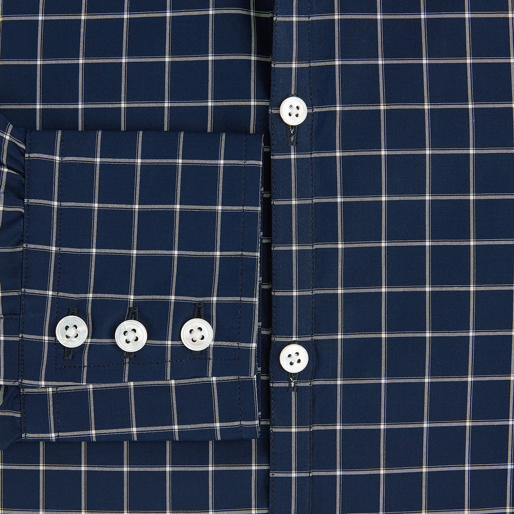 White check on navy Windsor Shirt with Open Collar and Button Cuffs