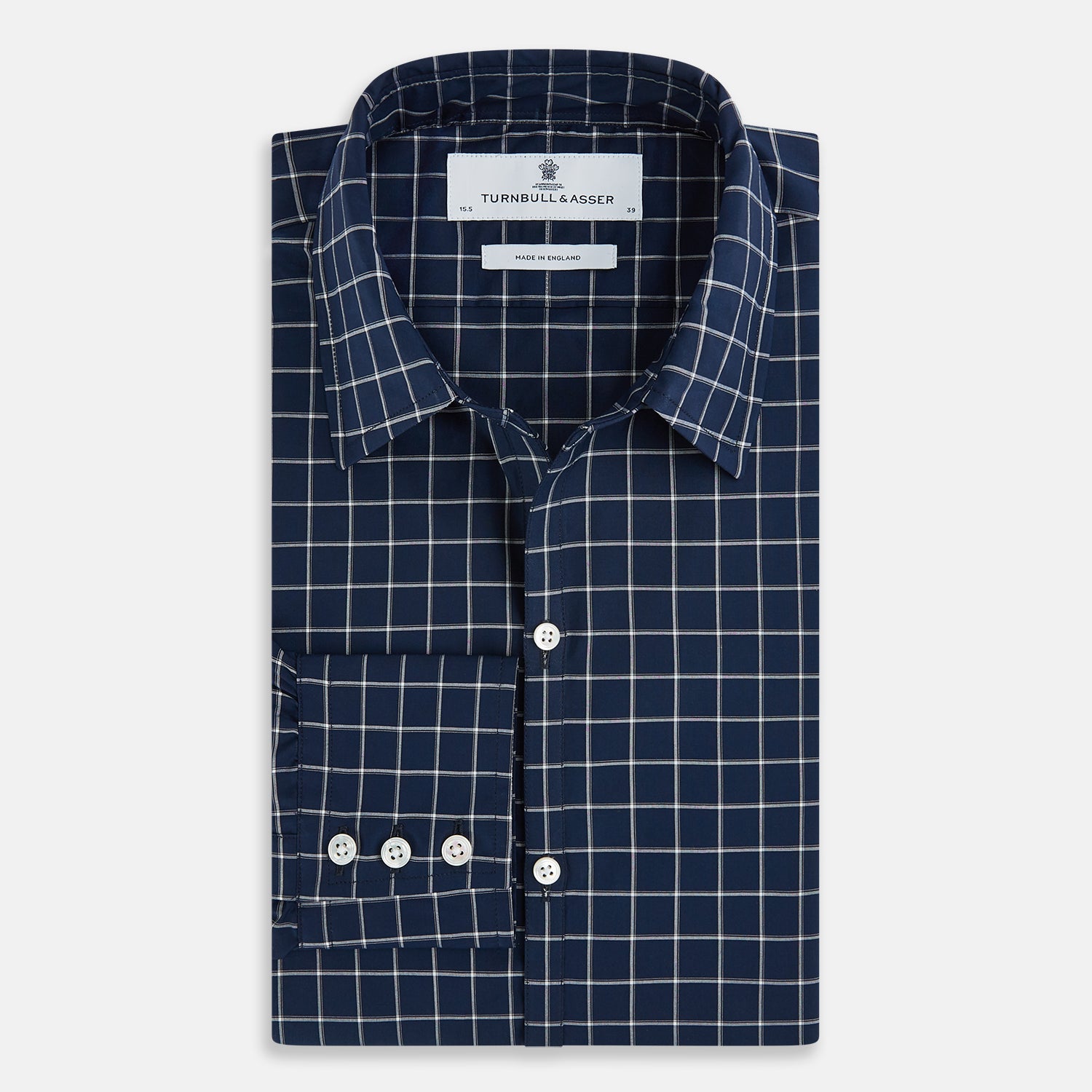 View 5 of product White check on navy Windsor Shirt with Open Collar and Button Cuffs