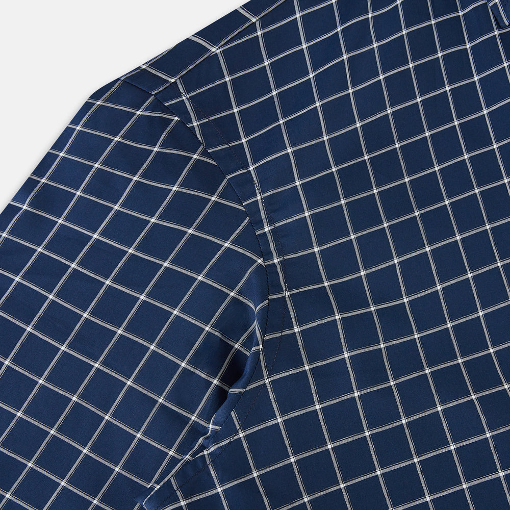 White check on navy Windsor Shirt with Open Collar and Button Cuffs